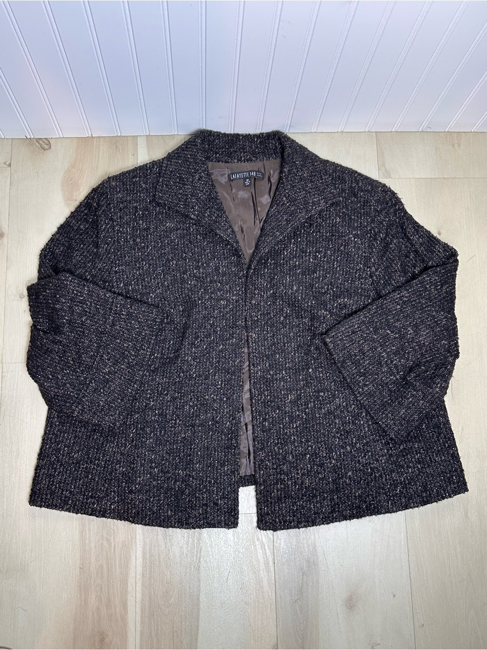Lafayette 148 New York Brown Tweed Wool-Blend Open Lined Wide Sleeves Business
